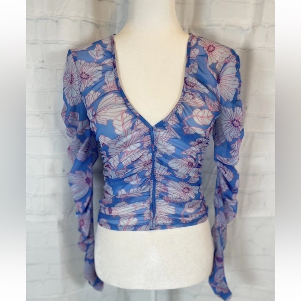 Zara Blue floral ruched Long Sleeve Tulle Sheer Floral Top Woman’s Size‎ Small S